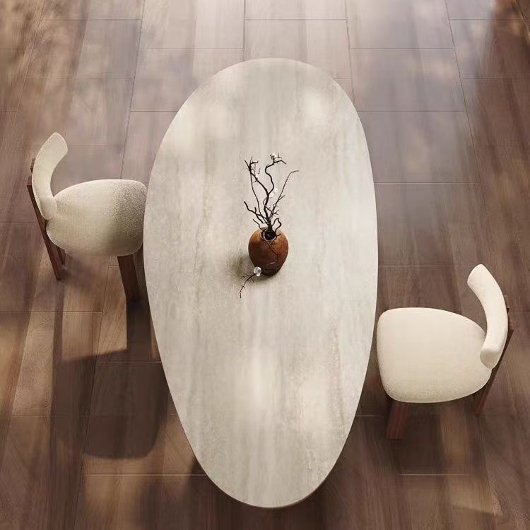 French-Style Vintage Teardrop-Shaped Travertine Stone Dining Table, Walnut-Colored Solid Wood Home-Use Retro Wabi-Sabi Style Solid Wood Dining Table French-Style Vintage Teardrop-Shaped Travertine Stone Dining Table, Walnut-Colored Solid Wood Home-Use Retro Wabi-Sabi Style Solid Wood Dining Table