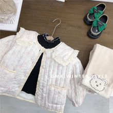 韩国童装女童棉衣秋冬新款儿童大翻领蕾丝边小碎花绗棉服外套外贸