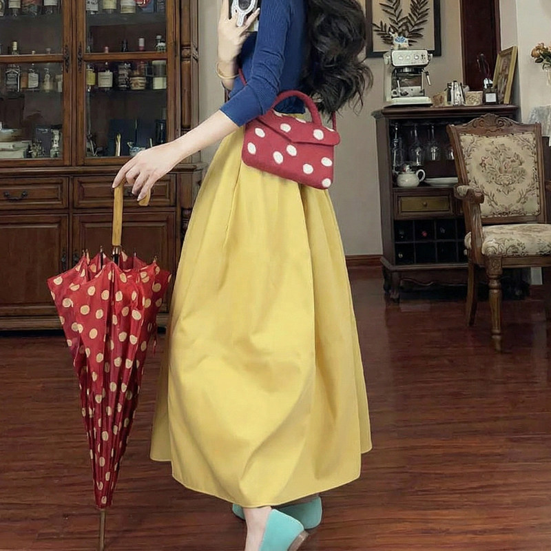 Yellow Skirt for Women, Spring 2026 New Dopamine Style, Stunning A-Line Skirt, Petite Pleated Yamamoto Long Skirt