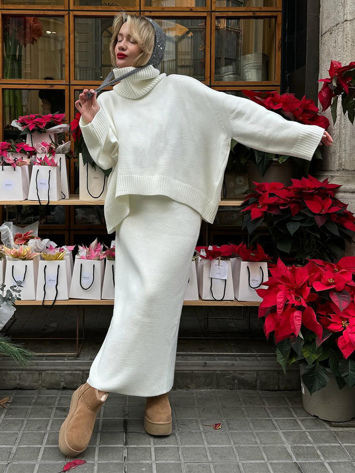 Bộ đầm áo len cổ cao dài tay phối chân váy dài dệt kim form rộng nữ — 50% Visco, 30% Polyester, 20% Nylon, Màu trắng be, Màu xanh lam, Màu xám chi tiết 5
