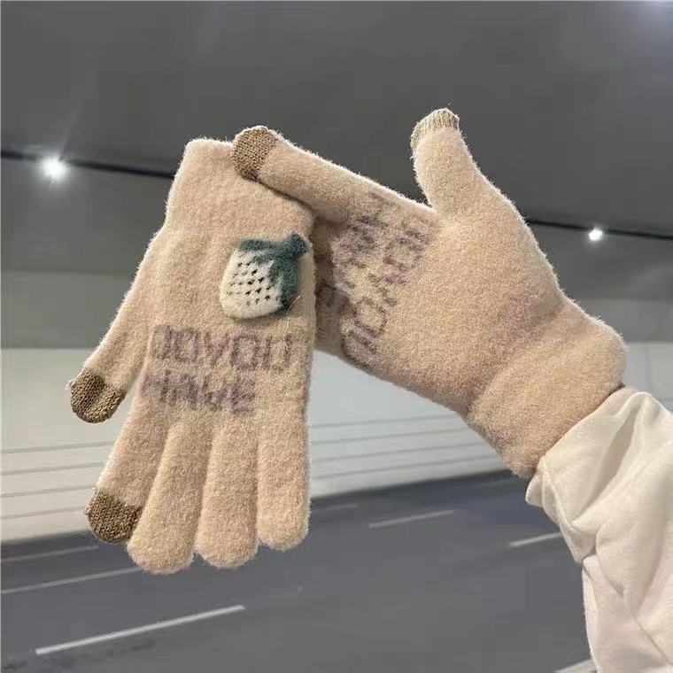 Guantes de punto con dedo, invierno, linda mujer, fresa más terciopelo, calidez, protección contra el frío, ciclismo, estudiantes, a prueba de viento, pantalla táctil