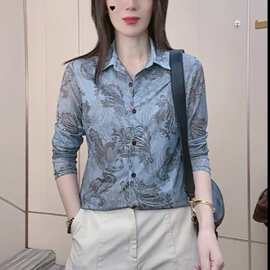 柔软亲肤显瘦遮肚新款POLO领衬衣女肌肤纱宽松洋气打底衫外穿衬衫