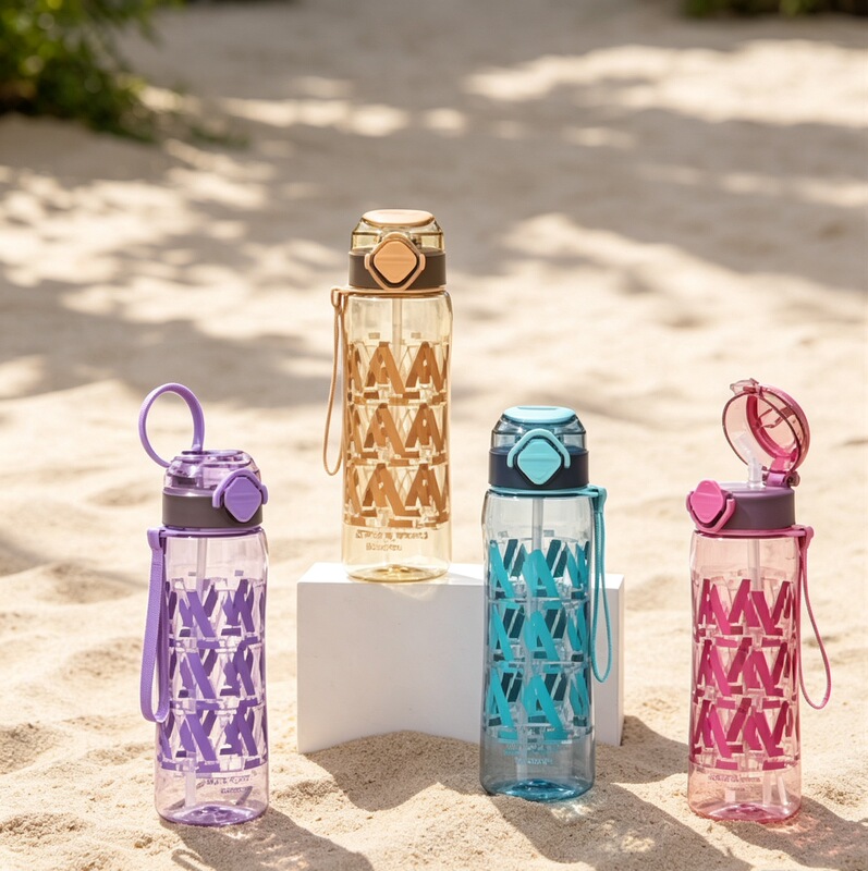 Portable transparent plastic water cup with straw and handle, anti-slip design, summer outdoor sports and fitness water bottle