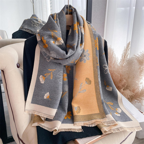 Pink girl small flower imitation cashmere scarf for women thickened warm scarf shawl outer decorative scarf wholesale delivery