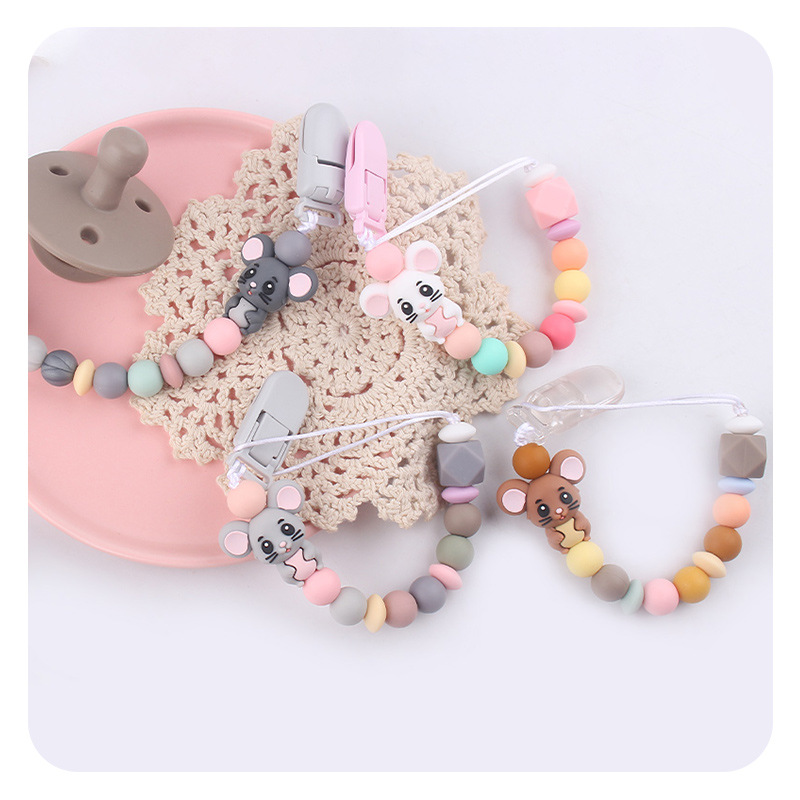 Nuevos artículos para bebés y niños animados animales ratón pezón cadena para calmar bebés cuentas de silicona morder molares cadena anti-caída