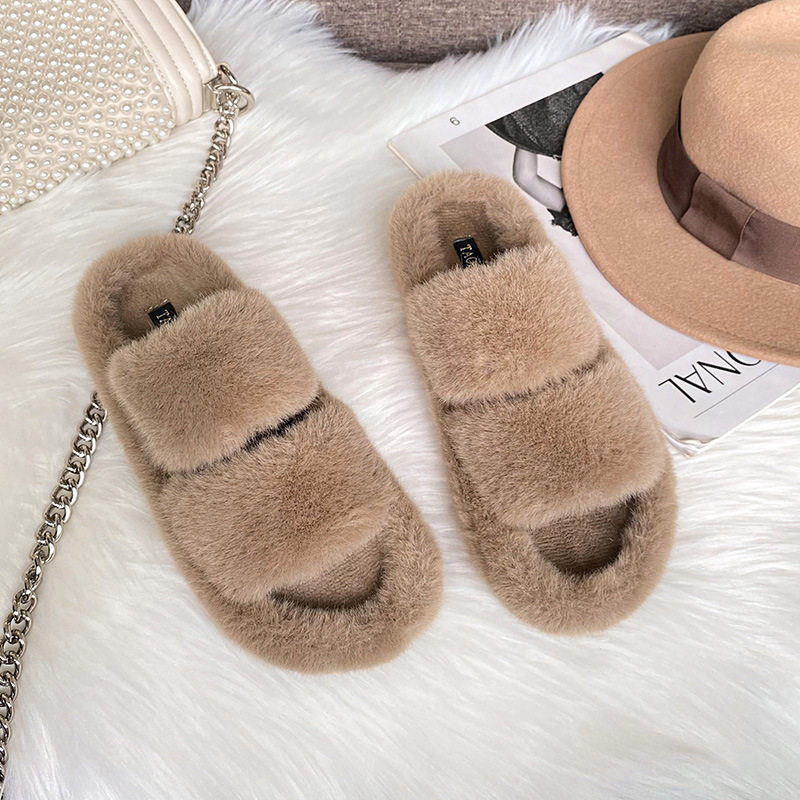 Dép lê nữ quai ngang một dây đế bằng lót lông ấm, đi trong nhà và ngoài trời — Màu Kaki, Màu trắng sữa, Màu đen
