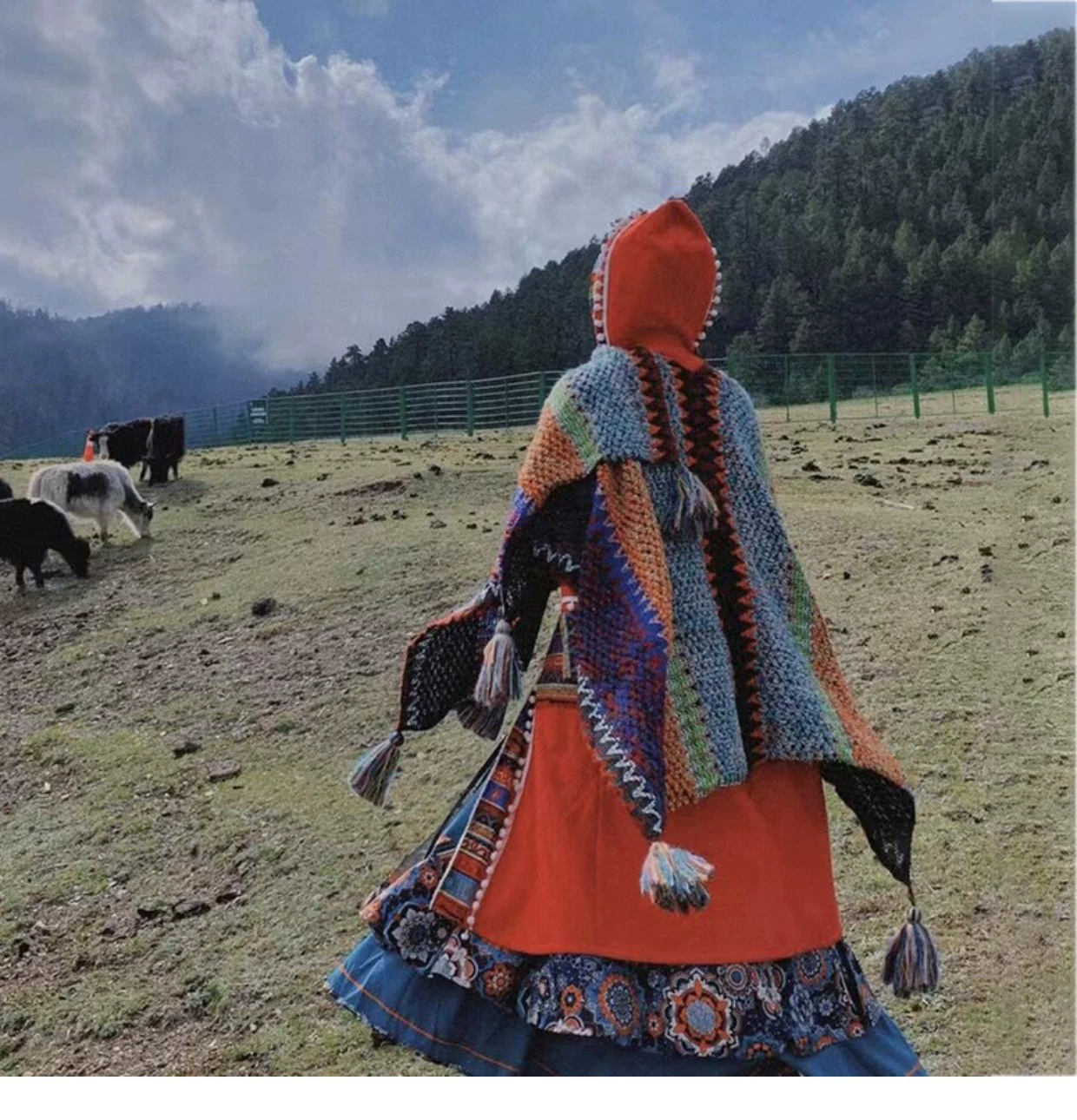 Этническое плащ-пальто, шерстяной knitted плащ, подвеска ручной работы с кисточками для путешествий