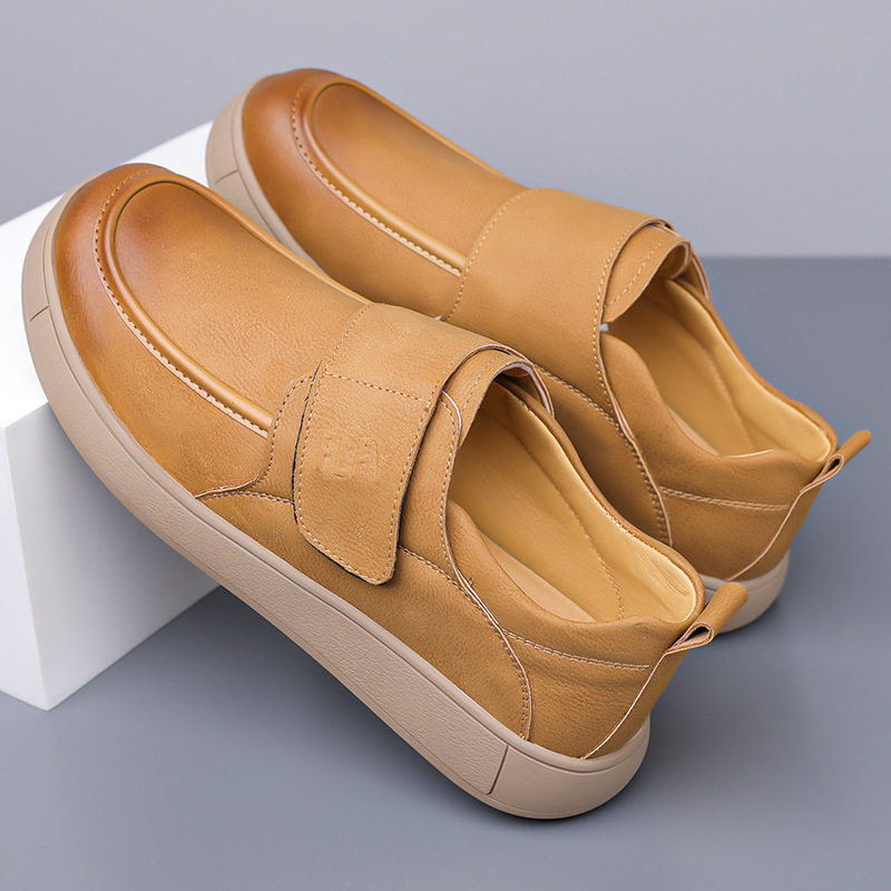 Giày lười nam da PU kiểu retro, quai dán Velcro, form rộng thoải mái, đế cao su êm chân — Màu đen, màu vàng