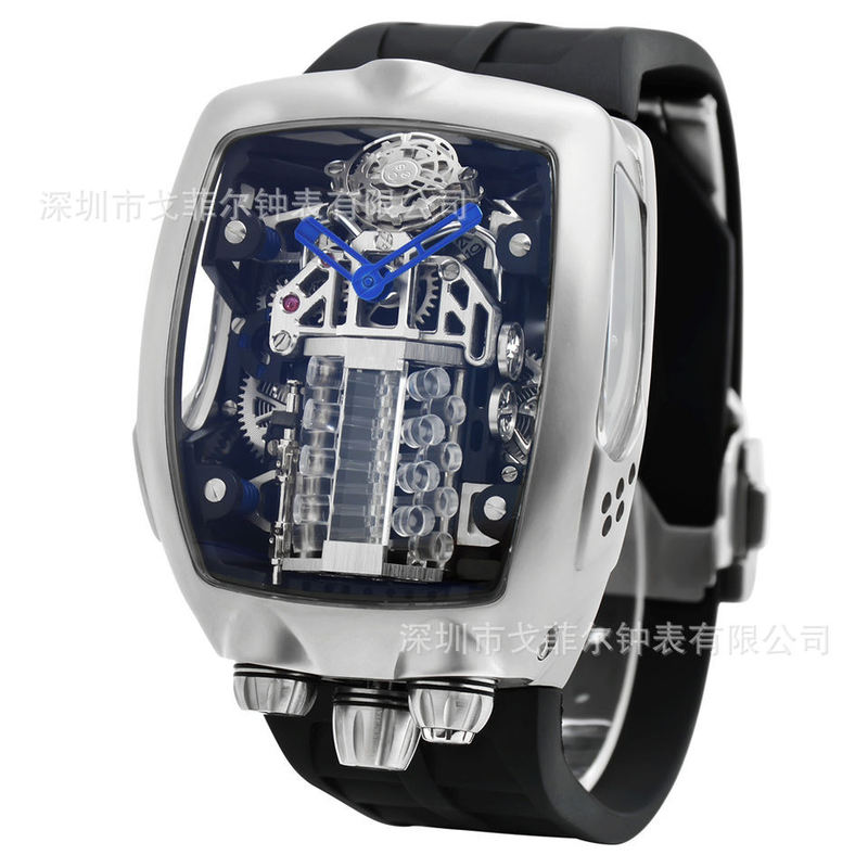 Bugatti 16-Cylinder Engine Men's Watch Barrel-Shaped Fashion Large Dial Waterproof Skeleton Mechanical Watch for Men