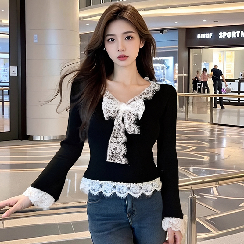 AI Figure in stock 2025 Spring New Design Western Style Lace Top Base Shirt Knitted Shirt for Women
