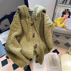牛角扣麻花加厚连帽毛衣女秋冬季复古慵懒风宽松软糯针织开衫外套