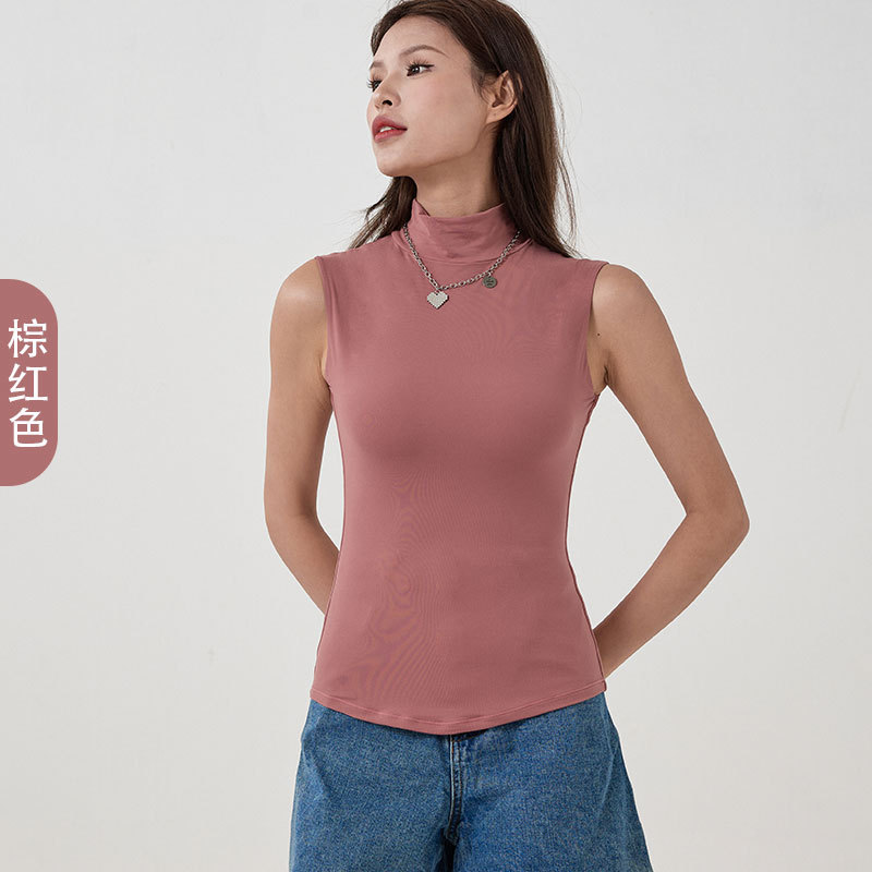 2024 nueva camisa de fondo suave de nube de doble capa sin mangas de cuello alto, camisa de fitness deportiva de yoga elástica ajustada