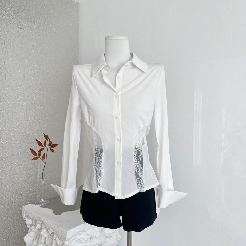 Schnei Gaozhi's Girlfriend's Pure and Sexy Hollow-Out Lace Patchwork Slim-Fit Waist-Cinching Slimming Shirt Top for Women in Spring
