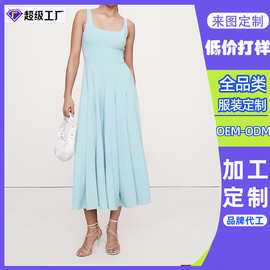 东莞虎门工厂定制跨境女士蓝色弹力纱方领中长连衣裙