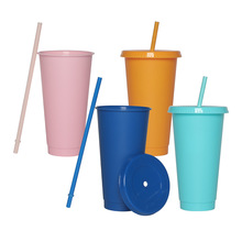 跨境现货大容量纯色多款式平盖塑料杯 学生日常饮水吸管杯厂家