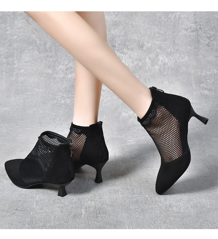 Giày cao gót nữ mũi nhọn da thật gót nhọn 3 cm, khóa kéo sau, lưới thoáng mùa hè — Màu đen 3 cm chi tiết 9