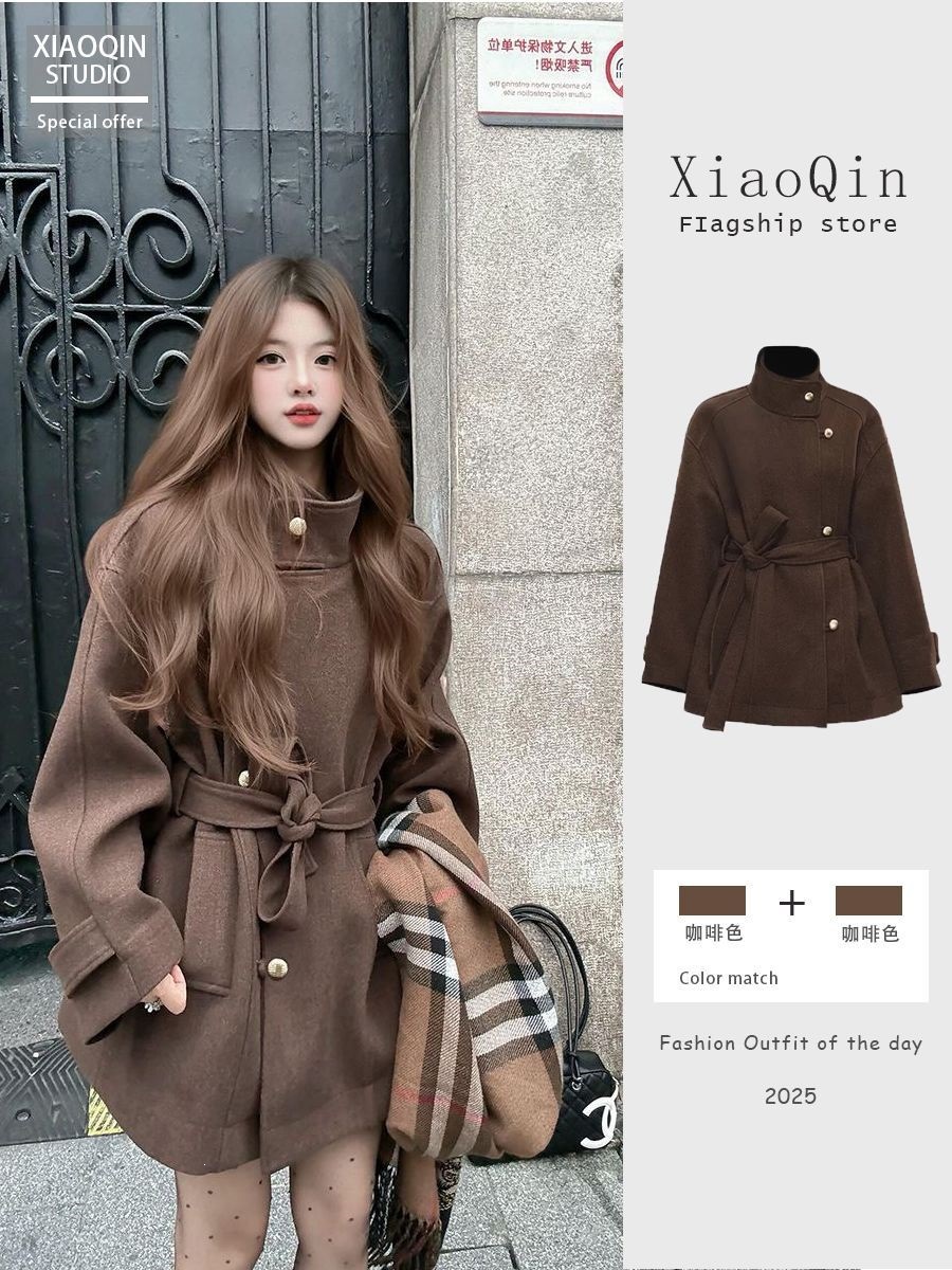 Wool coat with stand-up collar, Korean style, new 2026, brown autumn/winter wool coat for women, slimming and waist-cinching, brown-brown.