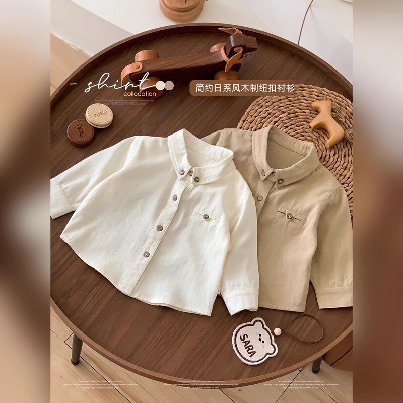 Infant and Toddler Spring and Autumn Long-Sleeved Shirts, Japanese-Style Simple Style Wooden Button Children's Shirts