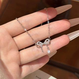 通体环保铜饰品简约蝴蝶结镶锆双层锁骨链日常百搭通勤项链女款