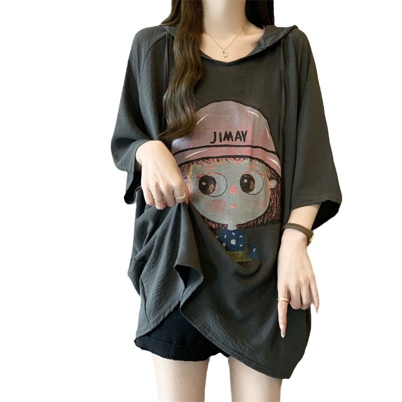 Camiseta de manga corta con capucha y estampado de dibujos animados para mujer de talla grande verano 2024 nuevo estilo suelto delgado mm top mujer
