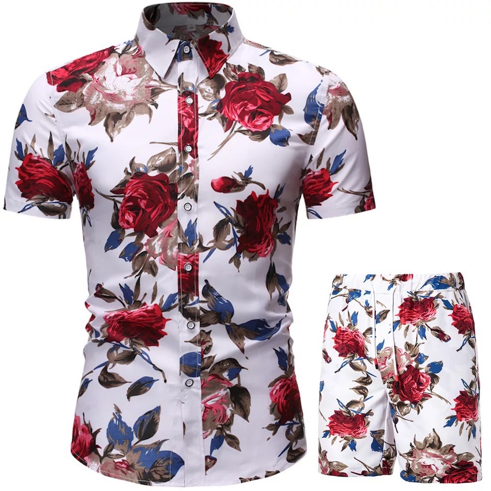 Nuovo cardigan da spiaggia floreale a maniche corte per uomo, estivo, vestibilità slim, due set di camicie casual_voghion.com