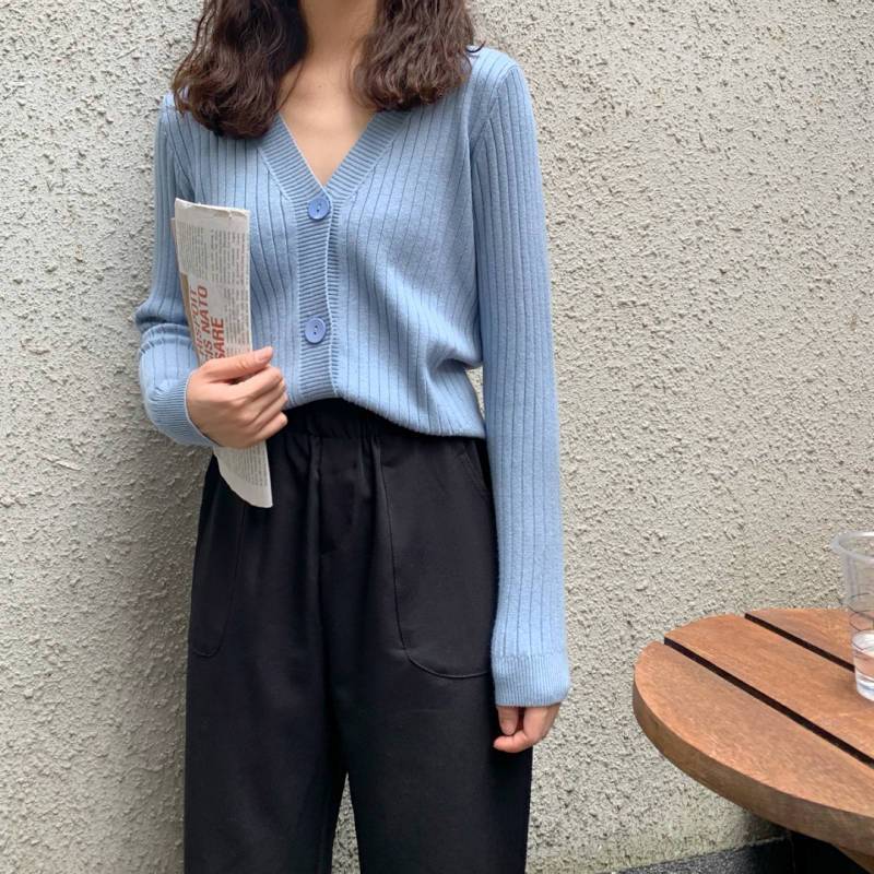 春秋新款宽松温柔风短款韩版网红V领外穿长袖针织开衫女装上衣ins|undefined