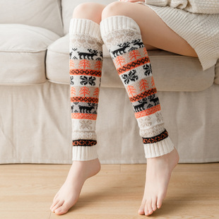 Autumn and winter New pile socks mid-length calf socks leggings warm socks Christmas snowflake color matching knitted leg socks