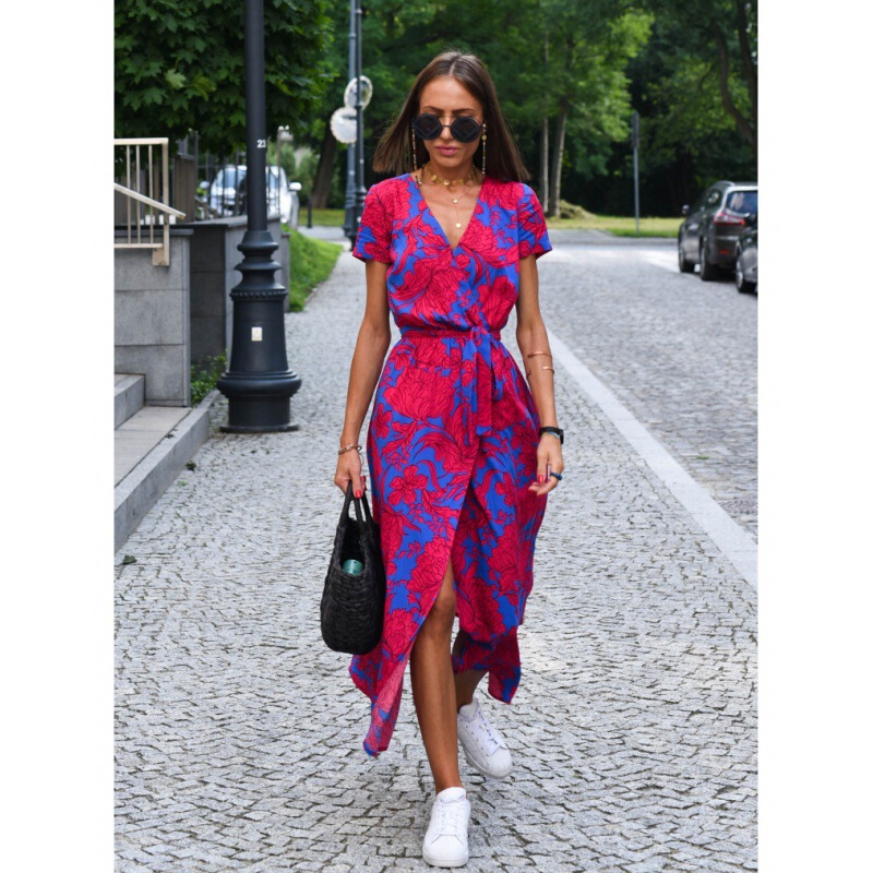 2024 European and American Women's Cross-border Foreign Trade AliExpress Amazon Summer New V-Neck Printed Lace-up dress