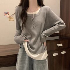 灰色假两件长袖德绒衫女秋冬季新款宽松洋气减龄内搭打底衫上衣女