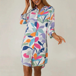 2025 European and American Cross-Border Export Amazon Independent Station Spring and Summer New Fashion Printed Lapel Cardigan Dress for Women