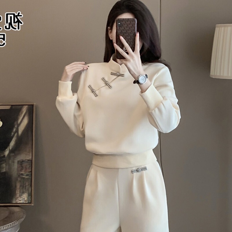 新中式国风休闲运动套装女秋洋气显瘦设计感小众卫衣阔腿裤两件套|undefined