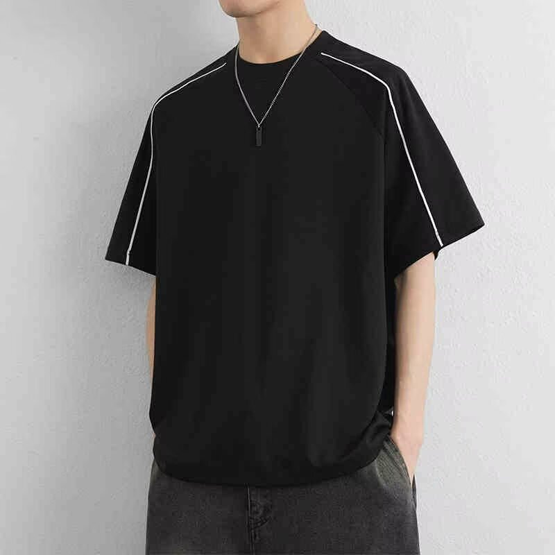 Trendy Brand Design Patchwork Short-Sleeve Men's Summer American-Style Striped Loose T-Shirt Vibe High Street Versatile Casual Tee