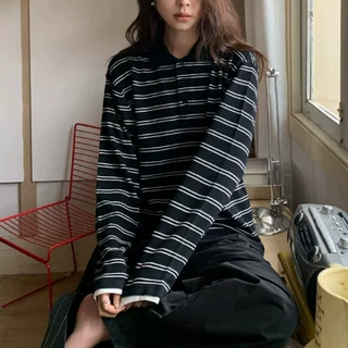 法式撞色条纹POLO领百搭慵懒感T恤女早秋穿搭设计感复古长袖上衣