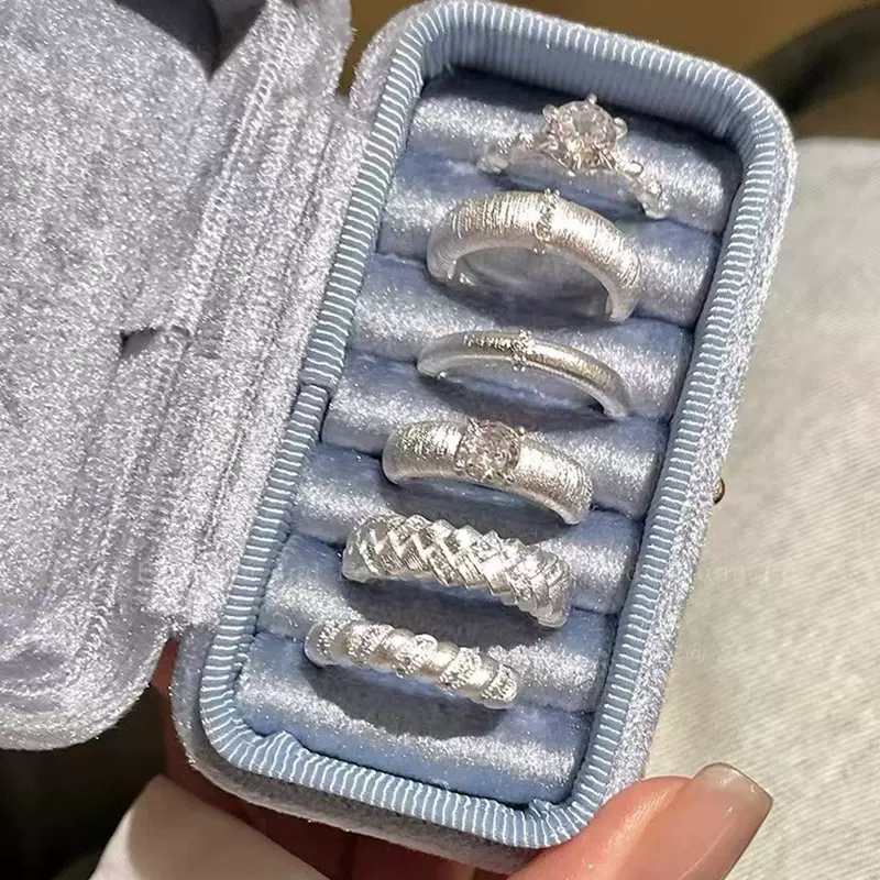 vintage中古风锆石素圈拉丝戒指女小众高级感轻奢百搭叠戴食指戒