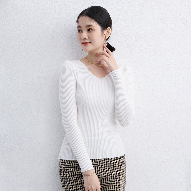 Suéter de las mujeres Otoño e Invierno japonés SLIM-Fit multicolor sin costuras suéter con cuello en V estilo occidental ropa interior de manga larga Top apretado Letian