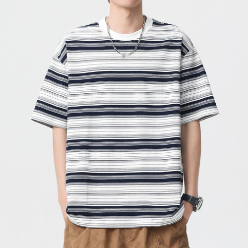Striped short-sleeve t-shirt for men, 2025 new model, Japanese style trendy brand casual men's t-shirt, loose large size clothing