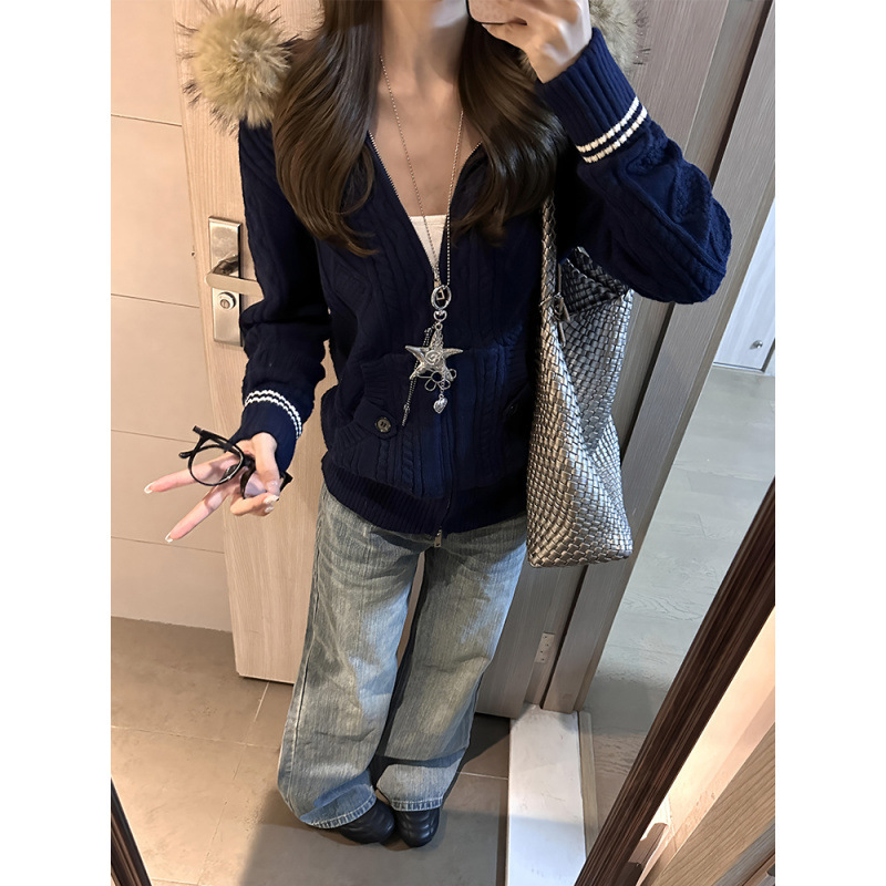 Navy Blue Fur Collar Hooded Long-Sleeved Knitted Jacket for Women Autum Lazy Style Sweater Cardigan Loose Double Zipper Top Navy Blue Fur Collar Hooded Long-Sleeved Knitted Jacket for Women Autum Lazy Style Sweater Cardigan Loose Double Zipper Top