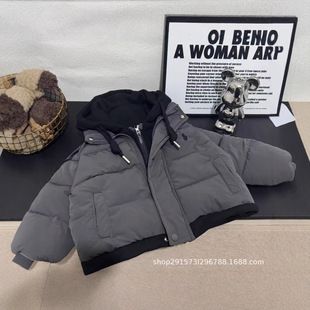 2025 New Children's Handsome Hooded Cotton Clothes Thickened Children's Cotton Clothes Fake Two-Piece Cotton Clothes Personalized