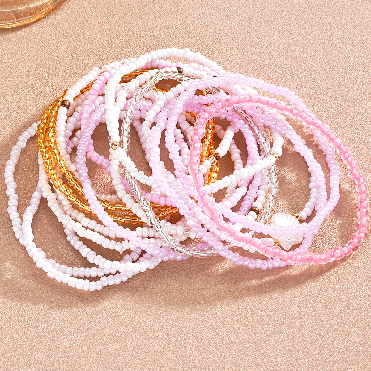 new hand-woven Bohemian style color beaded multi-layer rice beads shell bracelet 17-piece set_voghion.com
