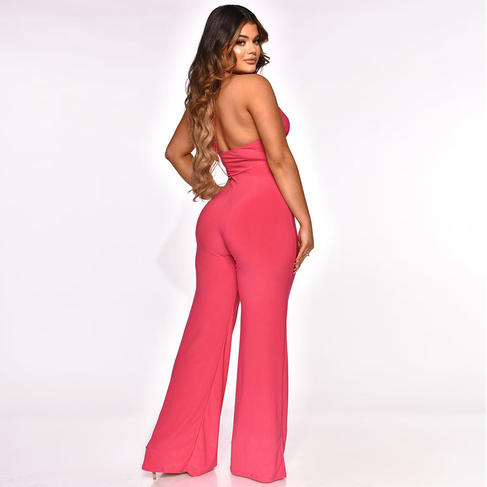 halter neck sleeveless wrap chest backless wide-leg solid color jumpsuit NSMYF128636