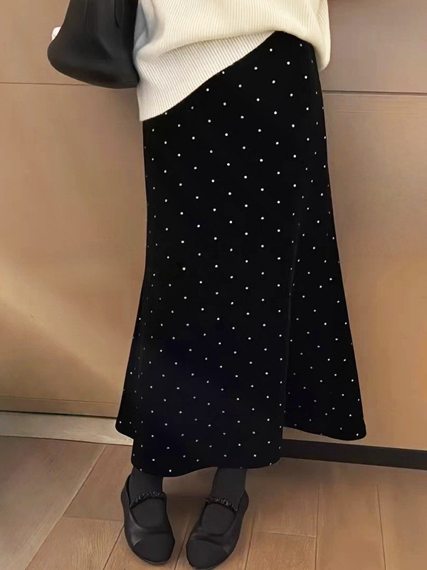 美式复古设计感亮丝绒半身裙女2025秋新款高腰显瘦波点包臀鱼尾裙|undefined