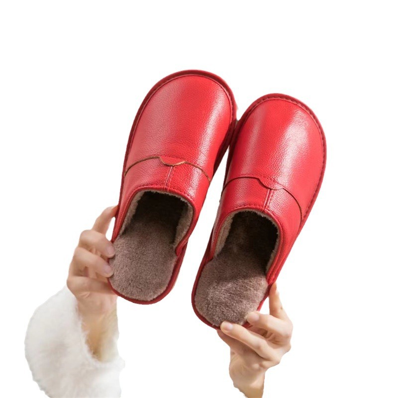 【 Top layer cowhide 】 Genuine leather home leather slippers for men and women, anti slip, winter gift giving, warm cotton slippers