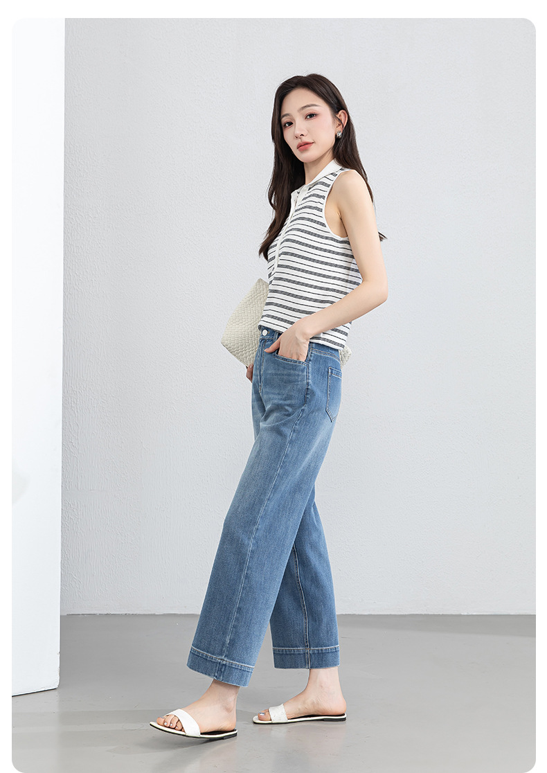 Quần tây nữ ống đứng cạp cao co giãn vải Lyocell denim dáng suông — xanh lam chi tiết 22
