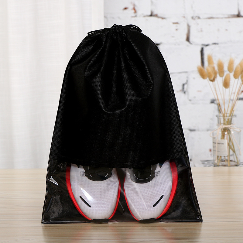 Bolsa de zapatos bolsa de almacenamiento de zapatos ventana transparente tela no tejida bolsa de cordón a prueba de polvo bolsillo con cordón logotipo imprimible