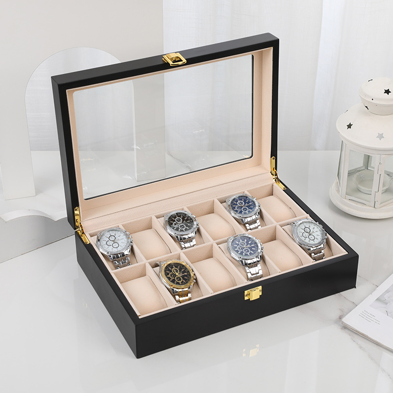 En stock caja de reloj de madera de pintura roja de 12 bits contador de reloj de gama alta de estilo europeo caja de presentación de hebilla abatible transparente