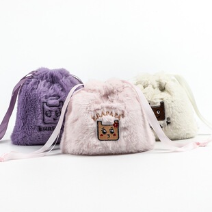 Creative Color Printed Embroidered Velvet Bag Velvet Drawstring Flap Pocket Pants Cross-Border Cartoon Cute Coin Purse Wholesale Flocking Cloth