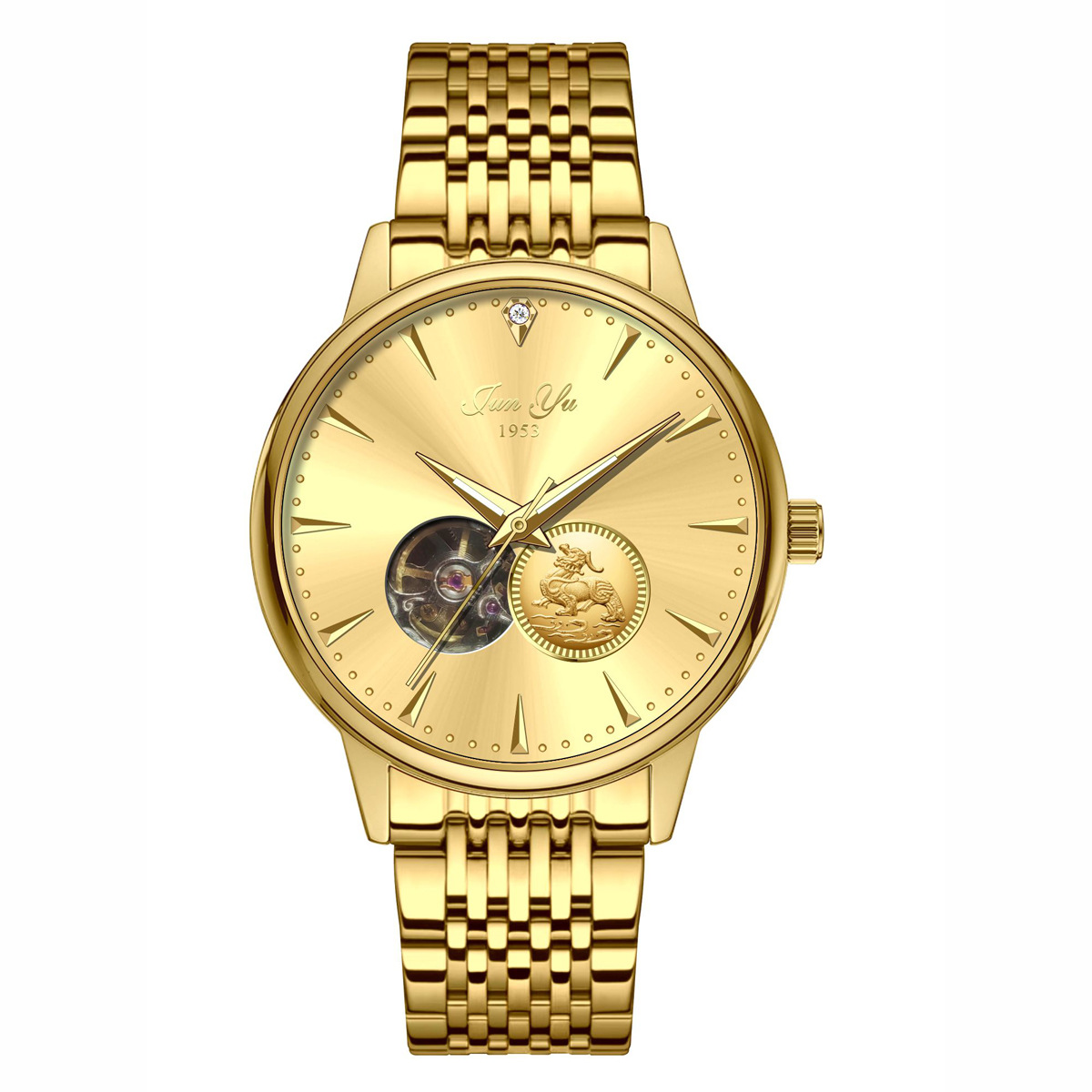 Junyu brand waterproof men's automatic mechanical watch ultra-thin hollow leisure business luminous watch real diamond certificate