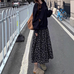 黑色碎花半身裙法式女2025秋季新款高腰显瘦遮胯裙高腰a字中长裙
