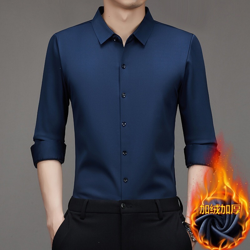 Elastic seamless men's shirt with fleece lining, winter business style, solid color, thickened and warm, workwear, available for wholesale