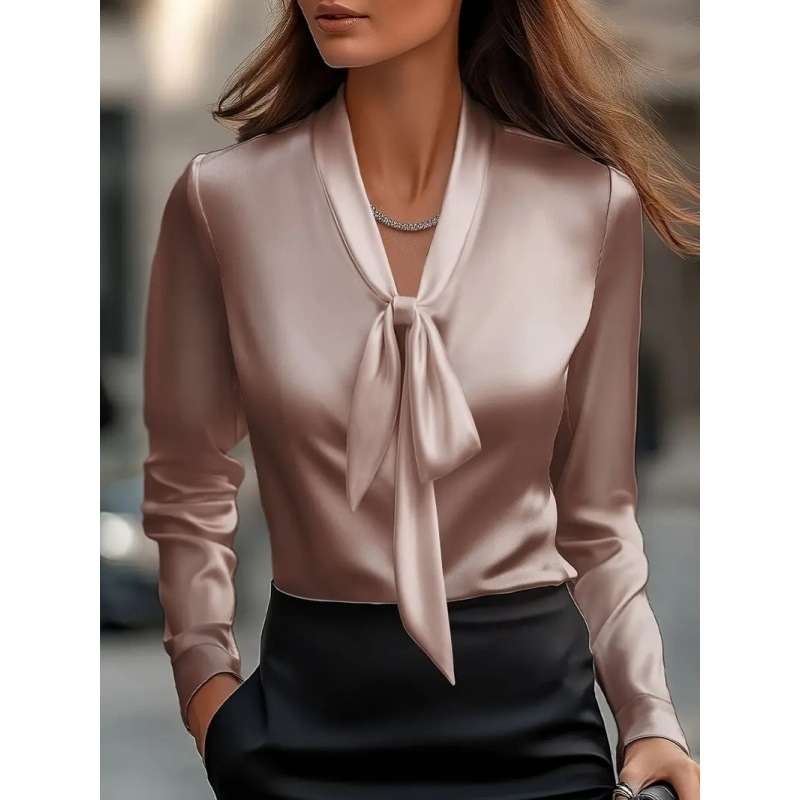 Elegante Satinbluse mit Bindeband vorne – Langarmbluse aus Polyester für Damen, geeignet für Büro und Abend (einfarbig, S-XXL, schmale Passform)_voghion.com